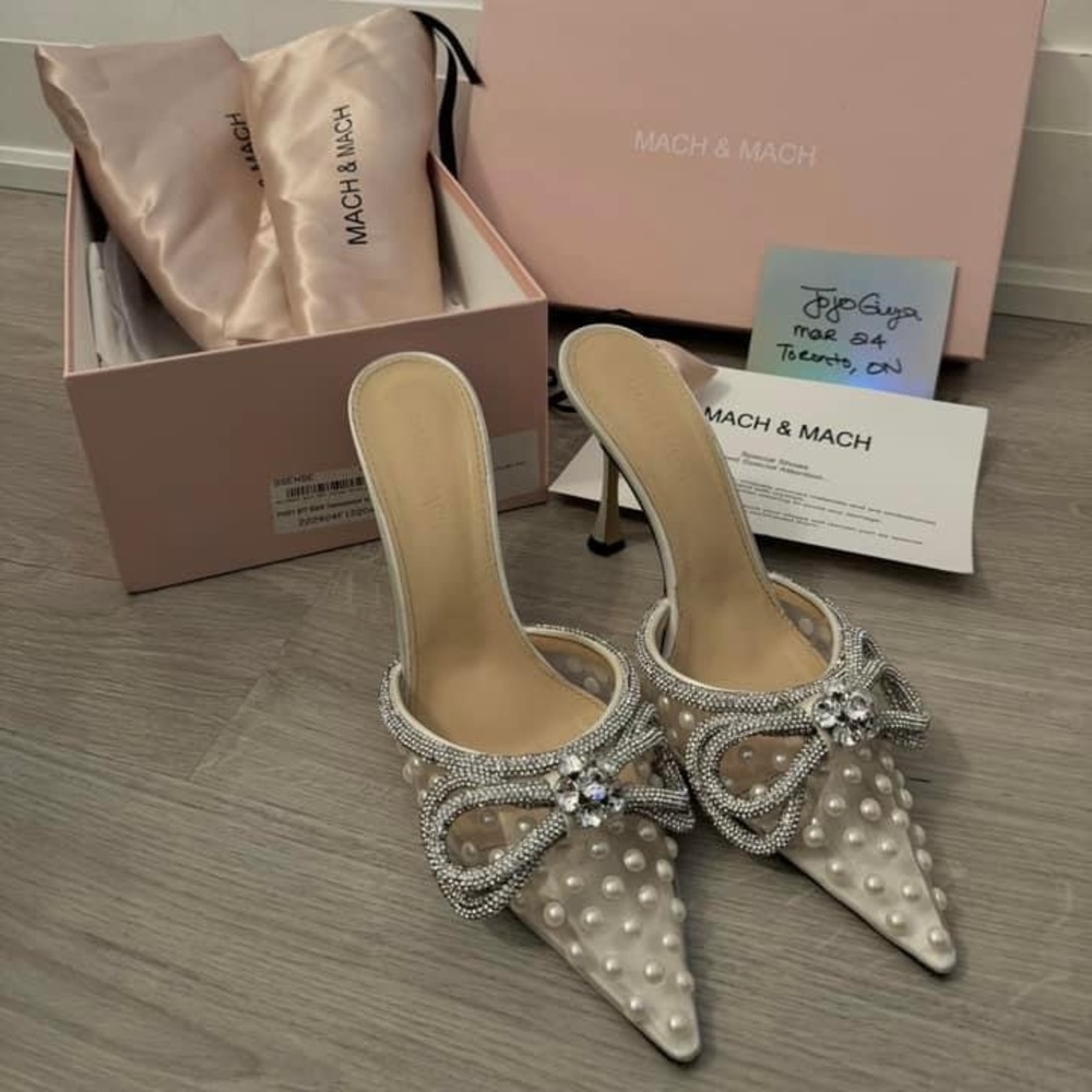 Mach & Mach silver double bow crystal heels size 40